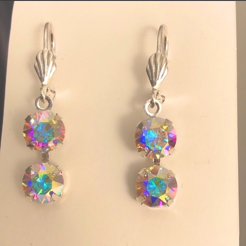 Aurora Borealis + Silver Crystal Drop Earrings - Picture 3 of 11